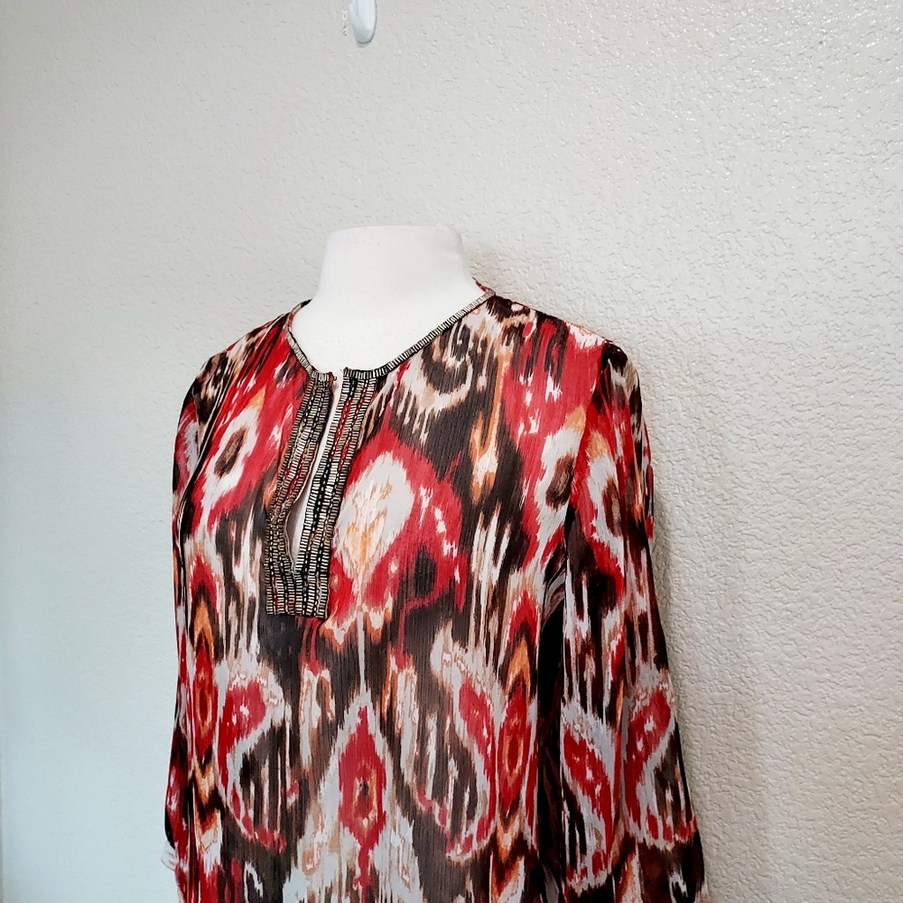 🔴3/$20 Chico's Red & Brown Sheer 3/4 Sleeves Blouse Size M - Picture 6 of 13